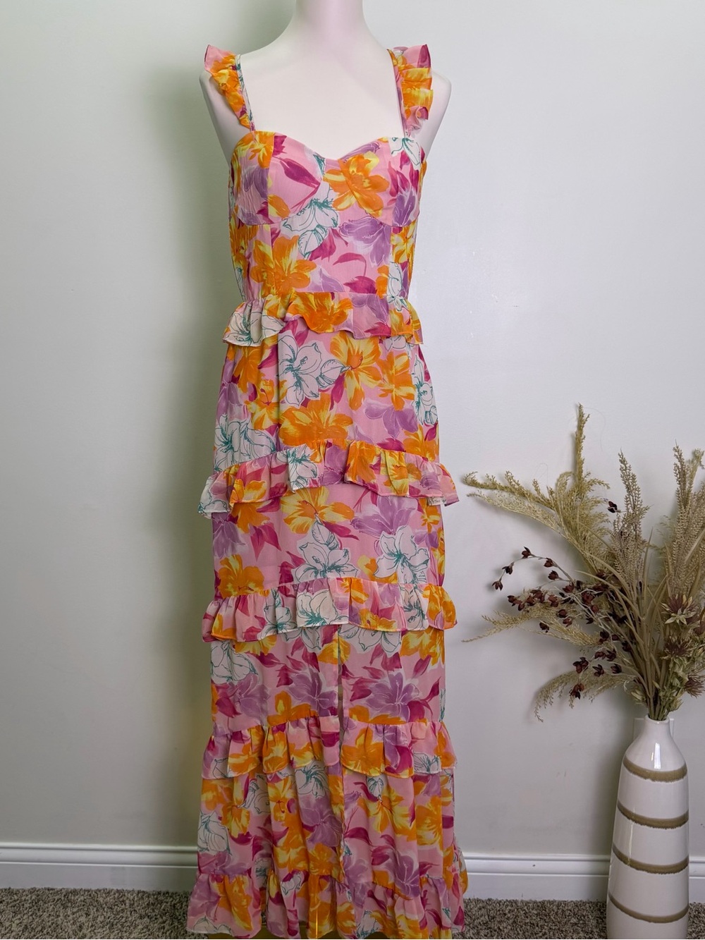 WAYF Size Medium Pink & Yellow Floral Ruffle Tiered Maxi Dress